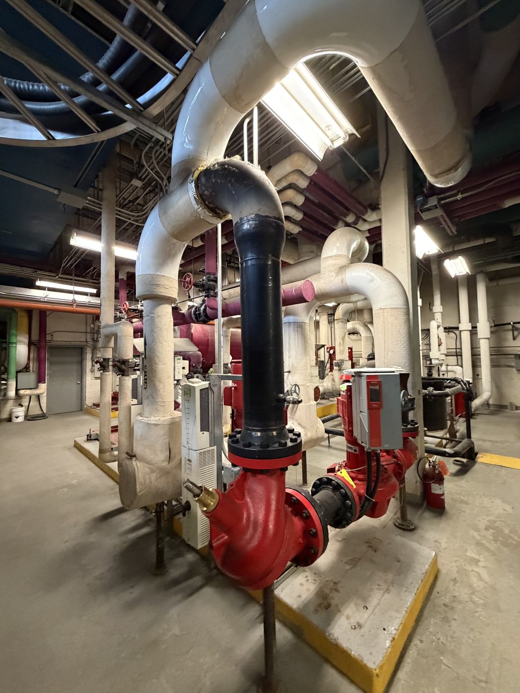 Mechanical room with distribution pumps and headers